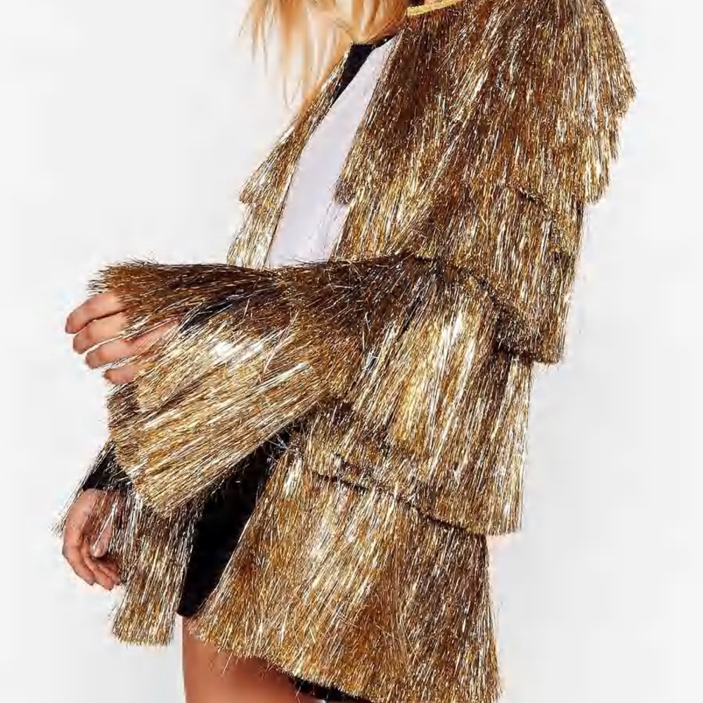Metallic Tiered Fringe Open Front Jacket